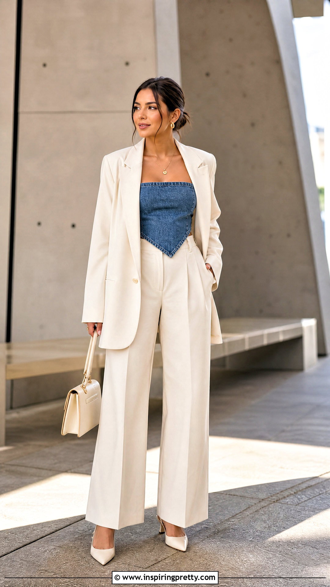 Denim Bandana Top With Tailored Trousers - 25 denim bandana top outfit ideas