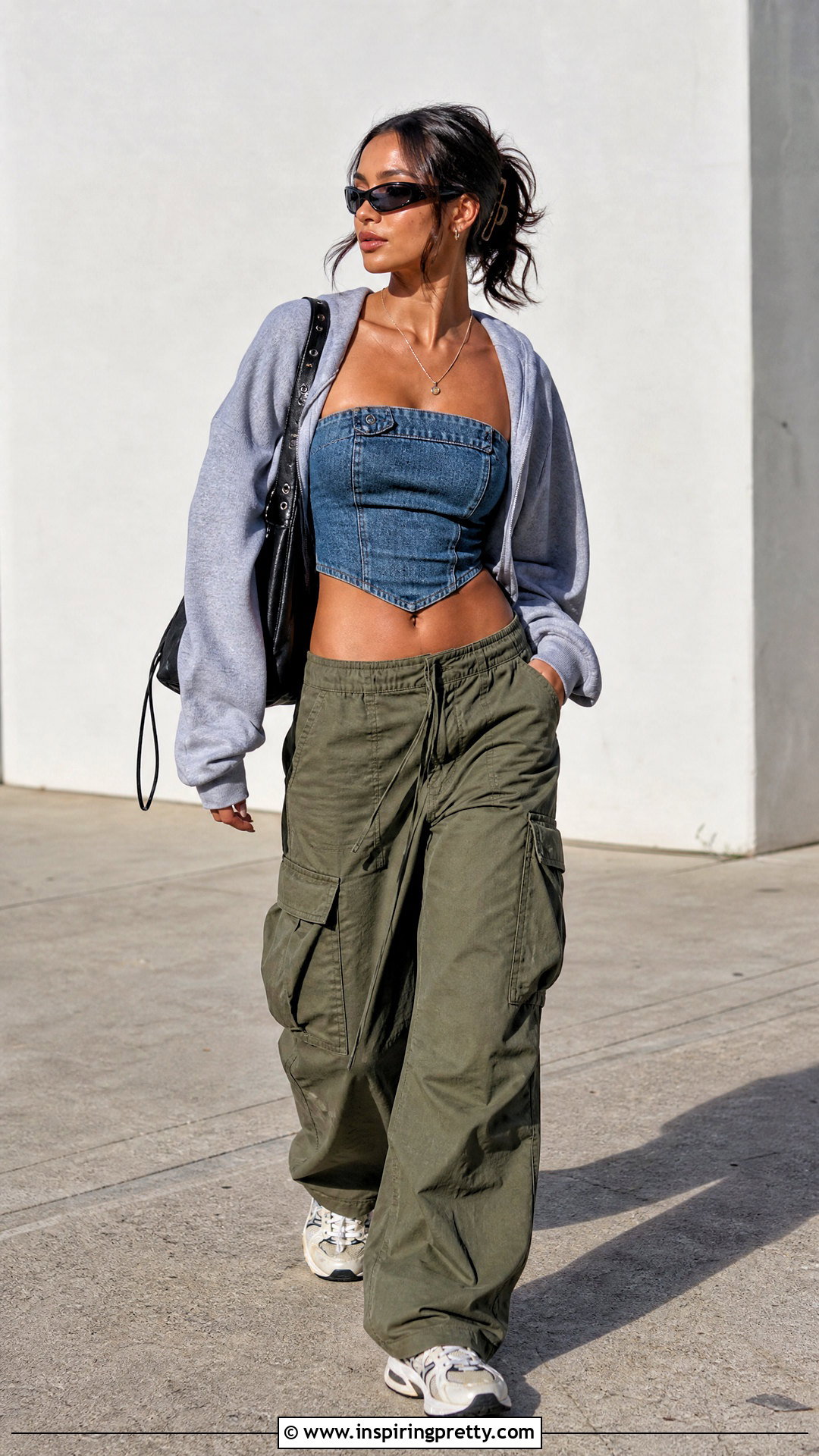 Denim Bandeau Top With Cargo Pants - 25 bella hadid denim top outfit ideas