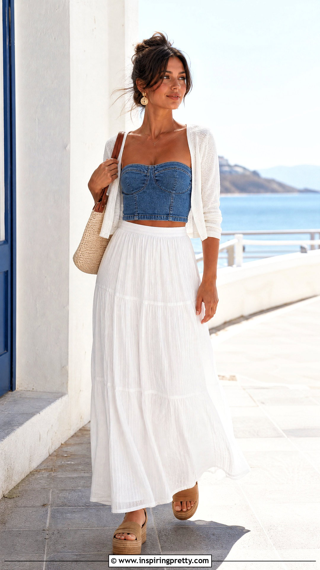 Denim Bandeau Top With White Maxi Skirt - 50 bandeau top outfit ideas