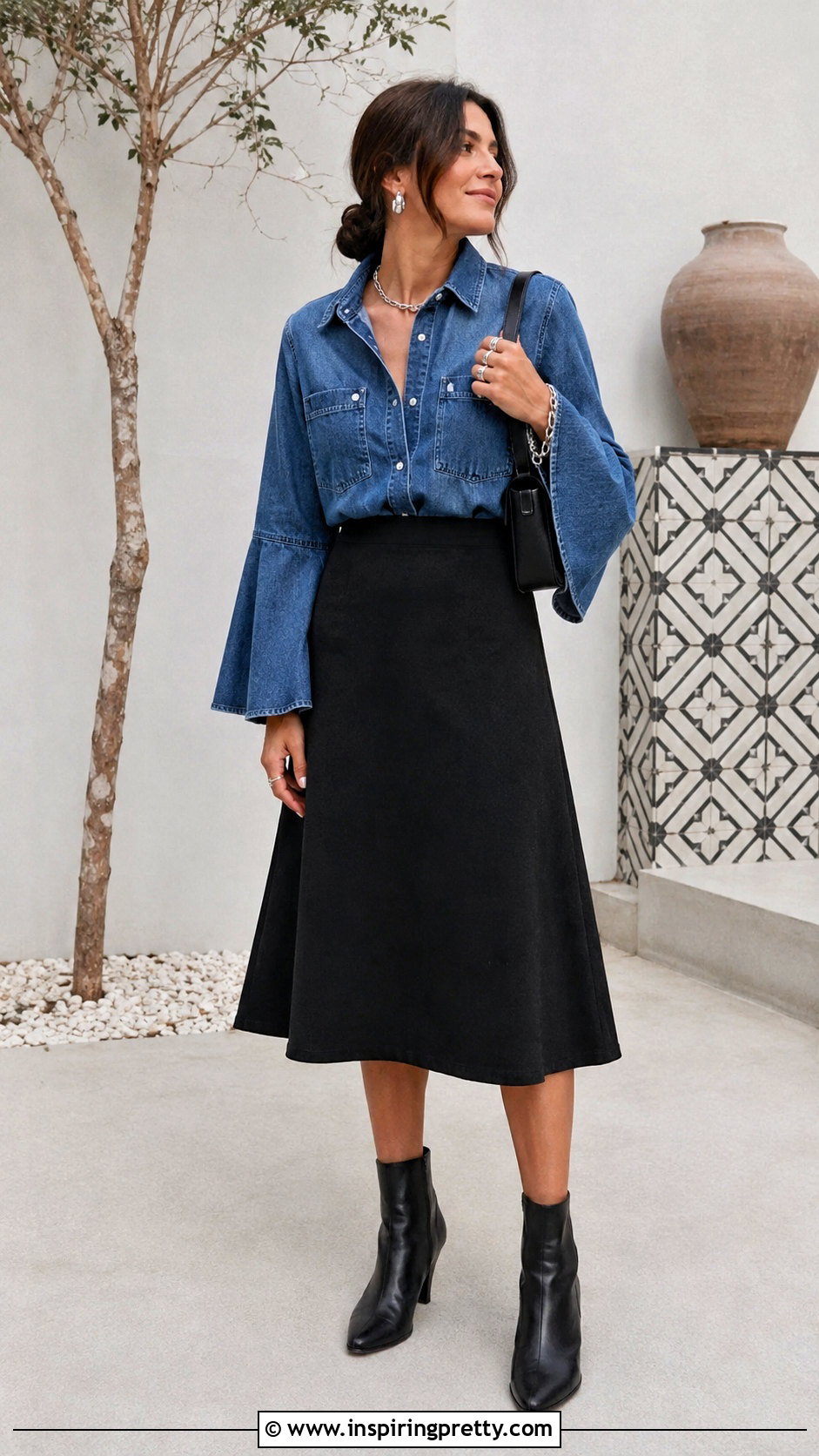 Denim Bell Sleeve Top With Black Skirt - 50 bell sleeve top outfit ideas