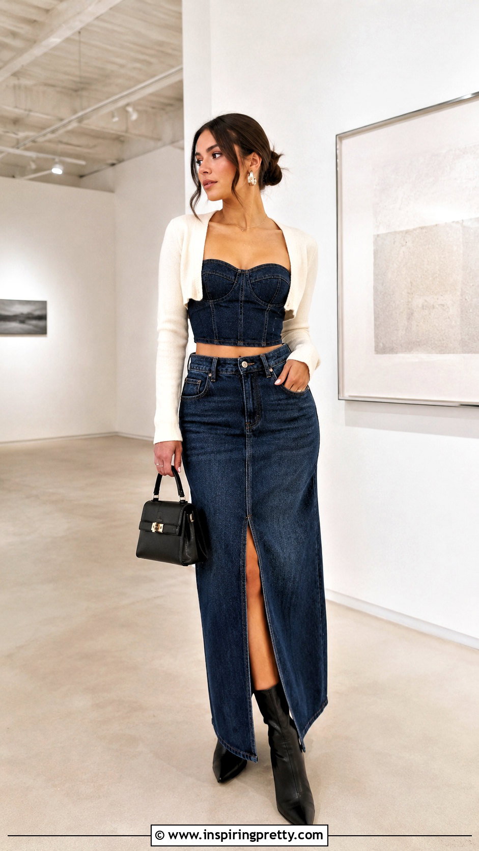 Denim Bustier Crop Top With Denim Maxi Skirt - 20 denim bustier crop top outfit ideas