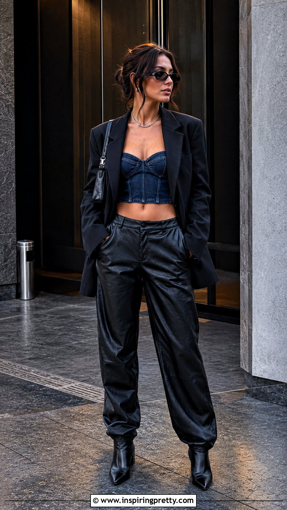 Denim Bustier Crop Top With Faux Leather Pants - 20 denim bustier crop top outfit ideas