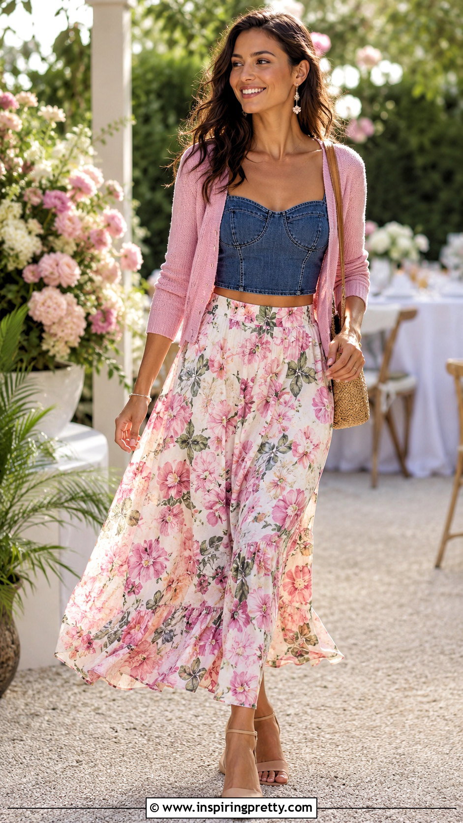 Denim Bustier Crop Top With Floral Maxi Skirt - 20 denim bustier crop top outfit ideas