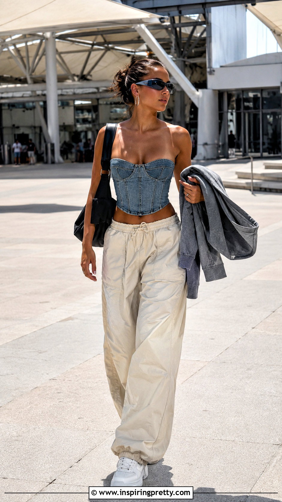 Denim Bustier Crop Top With Parachute Pants - 20 denim bustier crop top outfit ideas