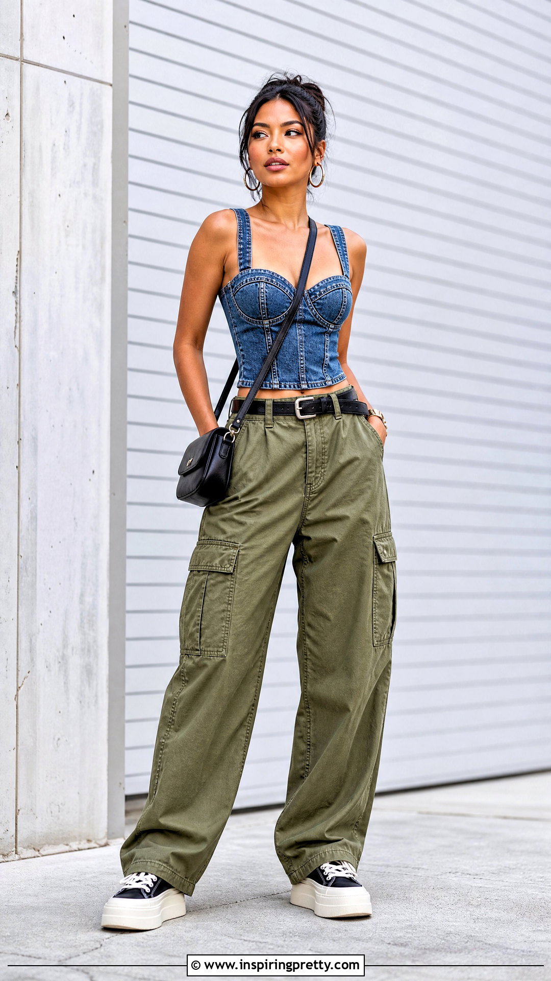 Denim Bustier Top And Utility Pants Streetwear Outfit - 50 streetwear tops outfit ideas