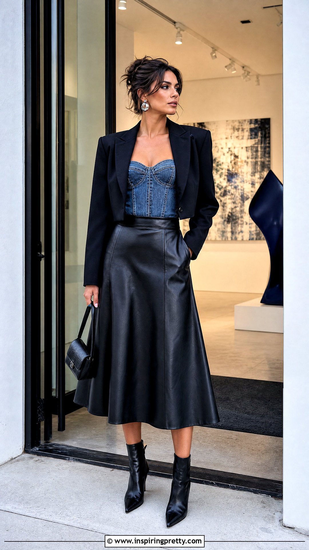 Denim Bustier Top With a Leather Midi Skirt - 50 denim top styling ideas