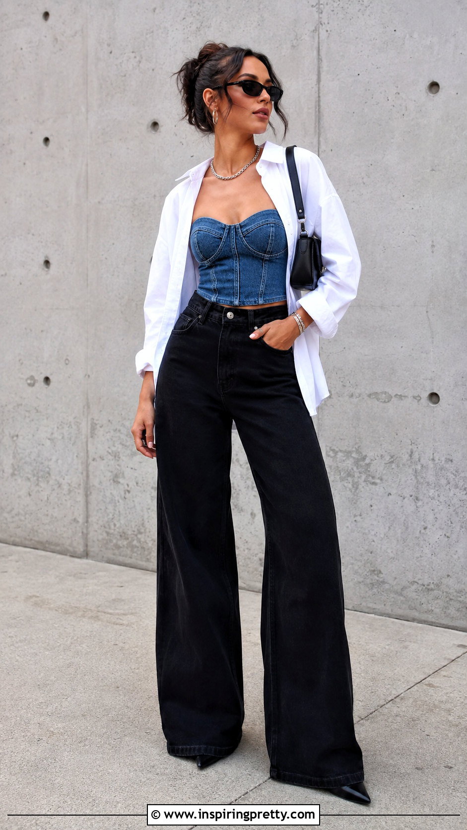 Denim Bustier With Black Jeans - 50 jeans and top outfit going out ideas