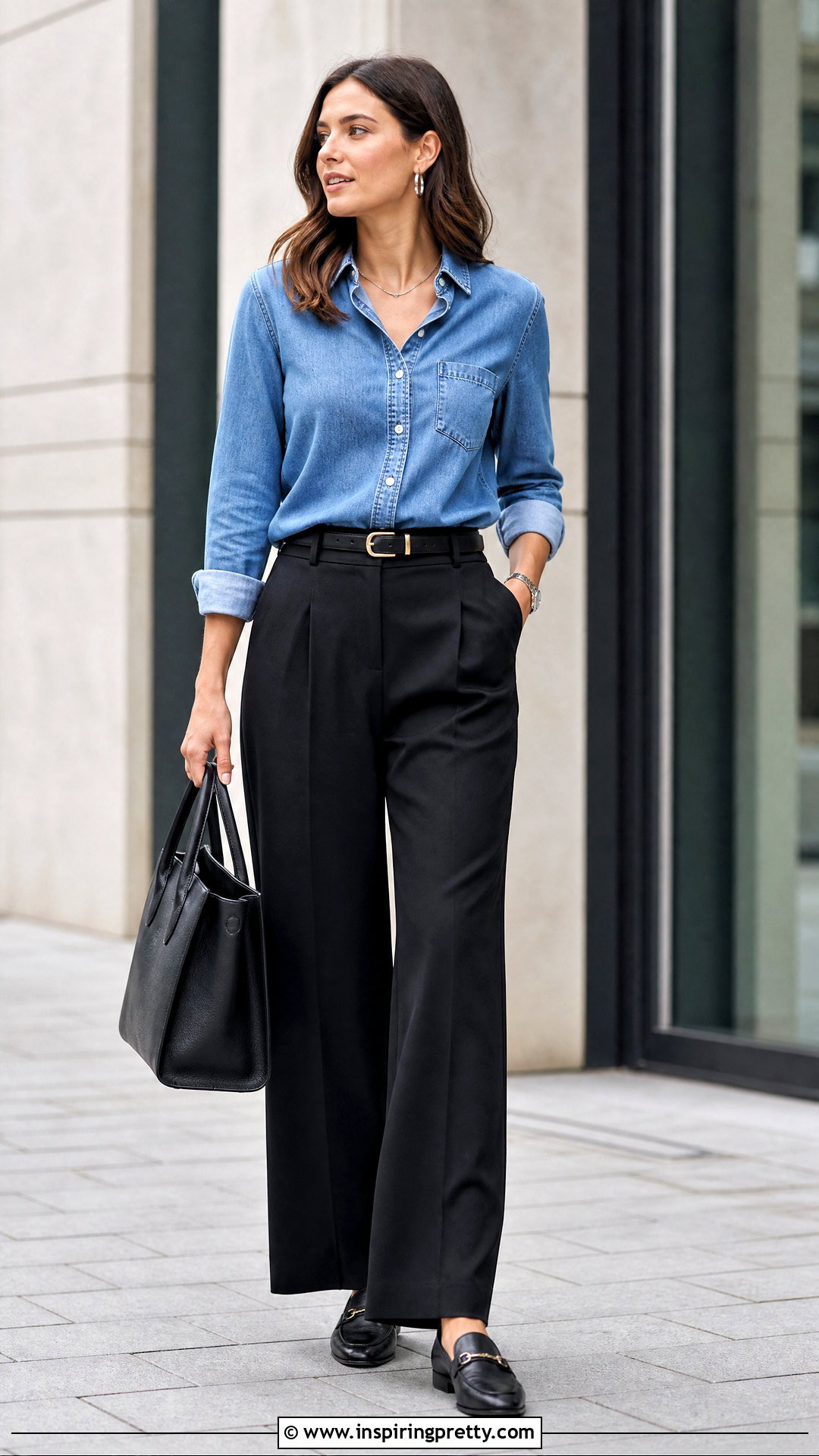 Denim Button Up Top With Black Trousers - 50 Button Up Top Outfit ideas