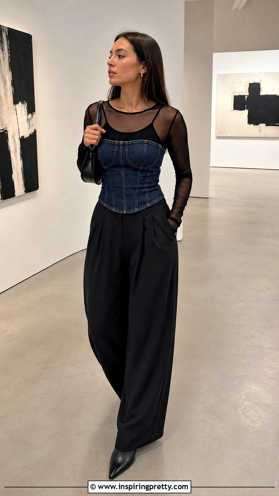 Denim Corset Top Over A Long Sleeve Mesh Top - What To Wear With A Denim Corset Top (25 Ways)