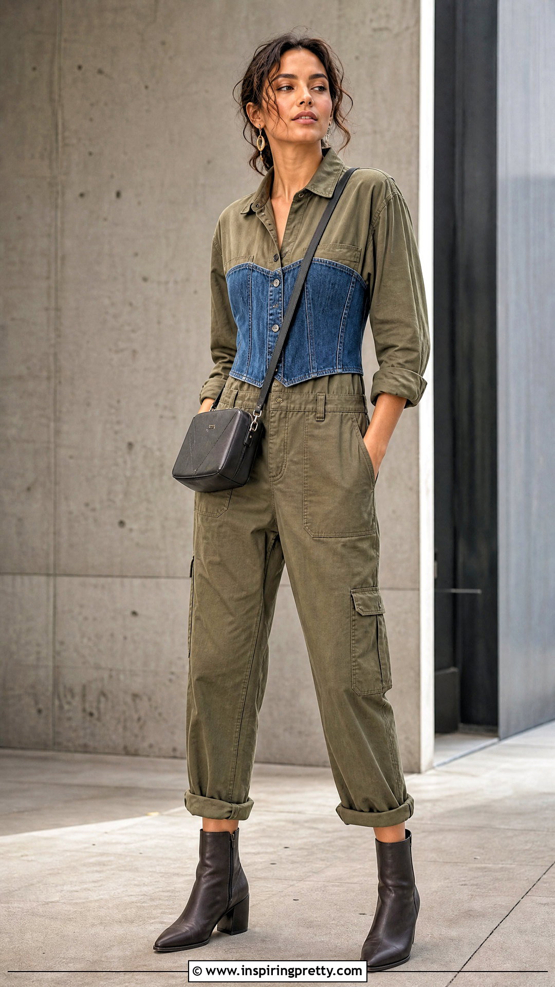 Denim Corset Top Over Utility Jumpsuit - 50 denim corset top outfit ideas