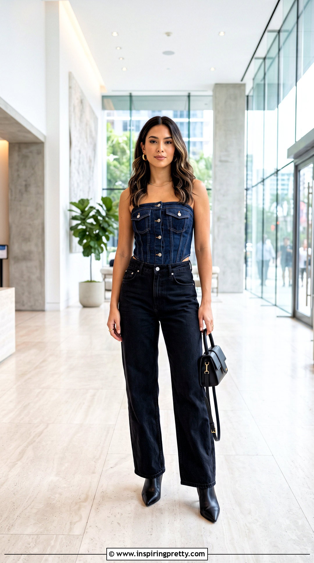 Denim Corset Top With Black Jeans Outfit - 50 denim tops outfit ideas for women