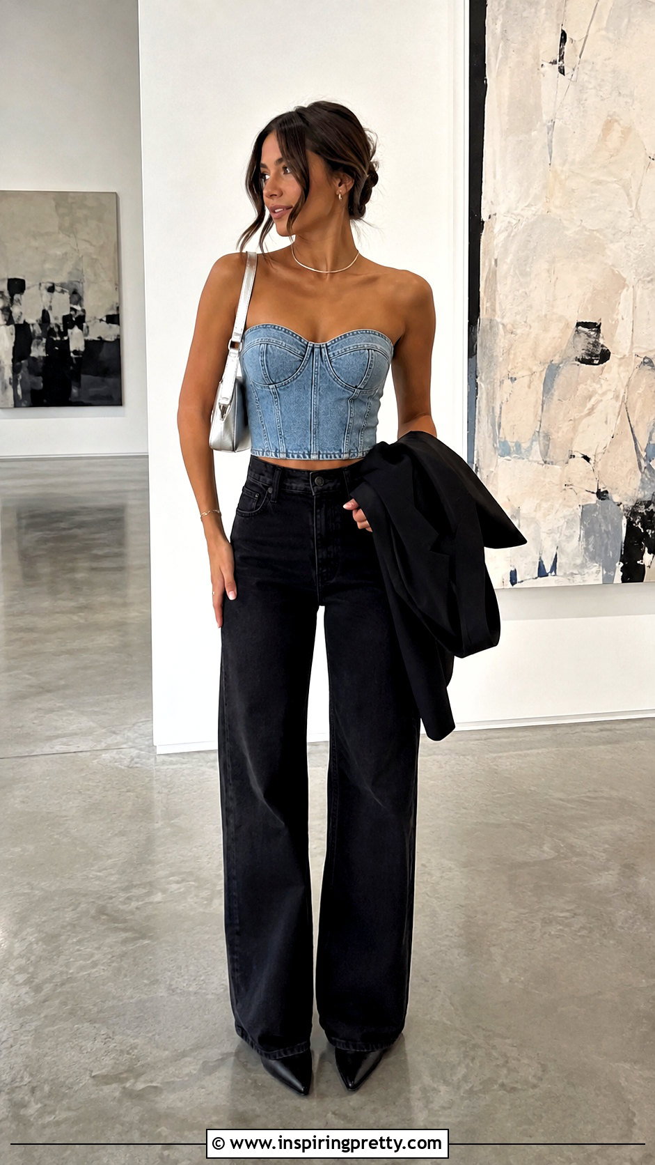 Denim Corset Top With Black Jeans - 50 jean crop top outfit ideas