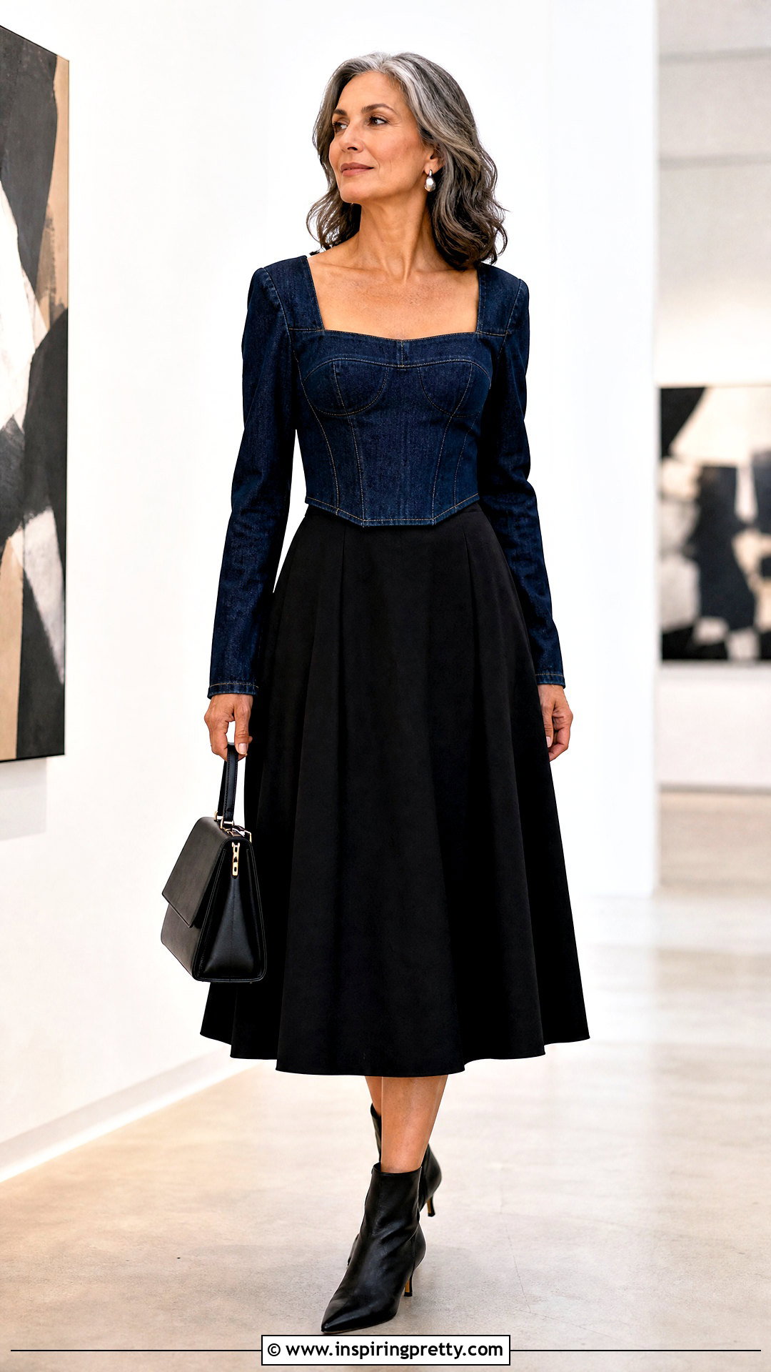 Denim Corset Top With Black Midi Skirt - 20 denim corset top long sleeve outfit ideas