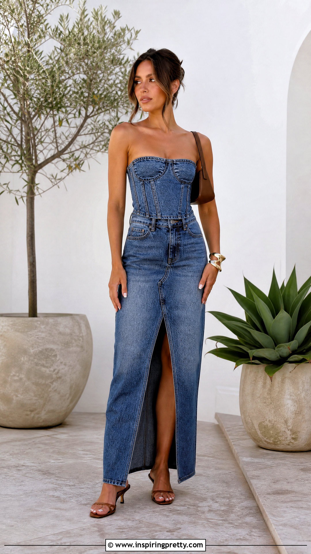 Denim Corset Top With Denim Maxi Skirt - 50 denim corset top outfit ideas