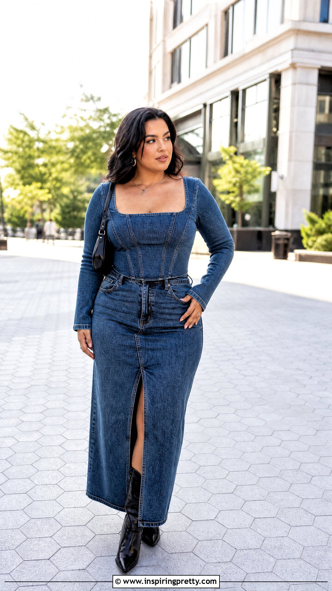 Denim Corset Top With Denim Maxi Skirt - 20 denim corset top long sleeve outfit ideas