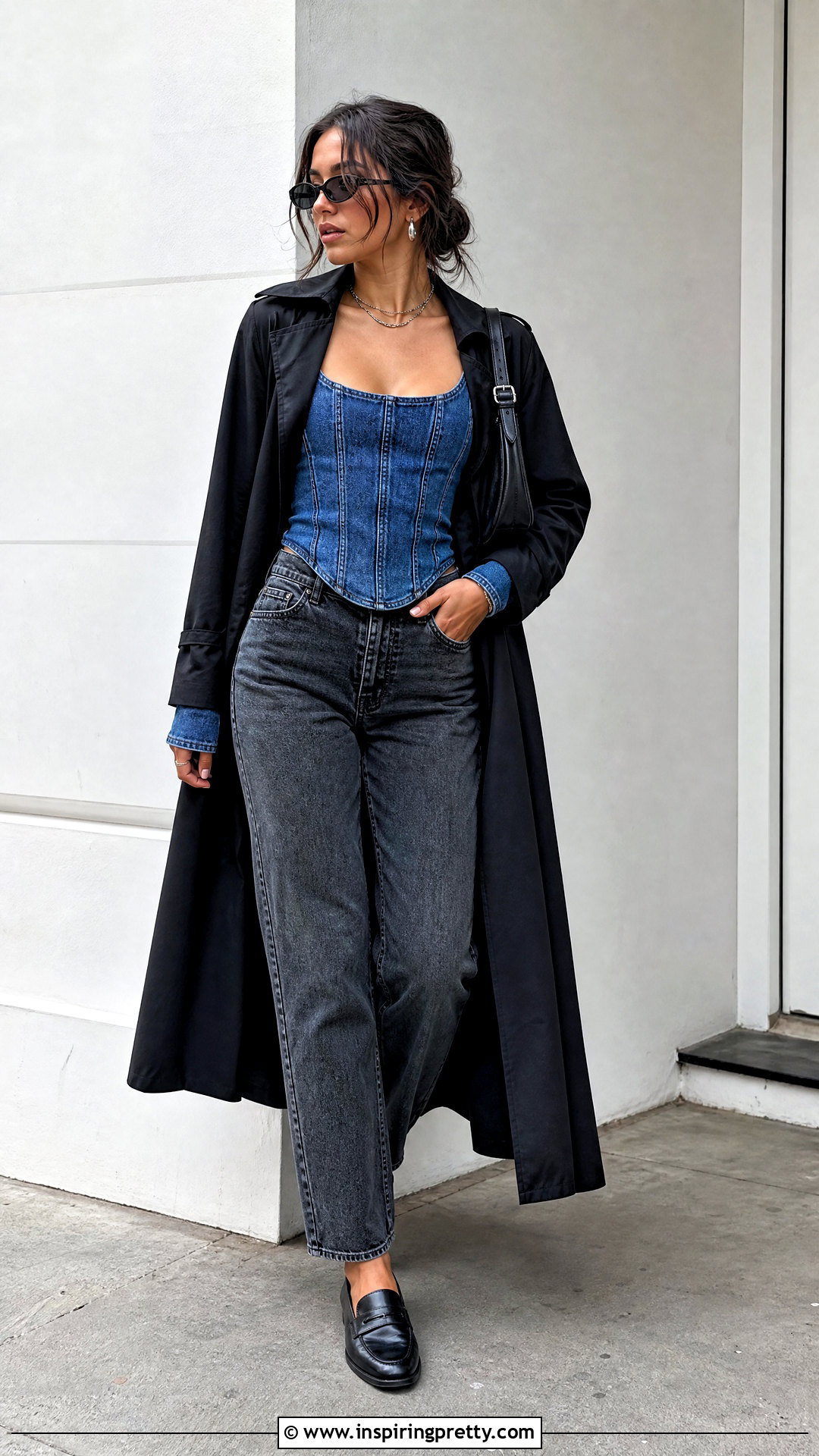 Denim Corset Top With Gray Straight Leg Jeans - 20 denim corset top long sleeve outfit ideas