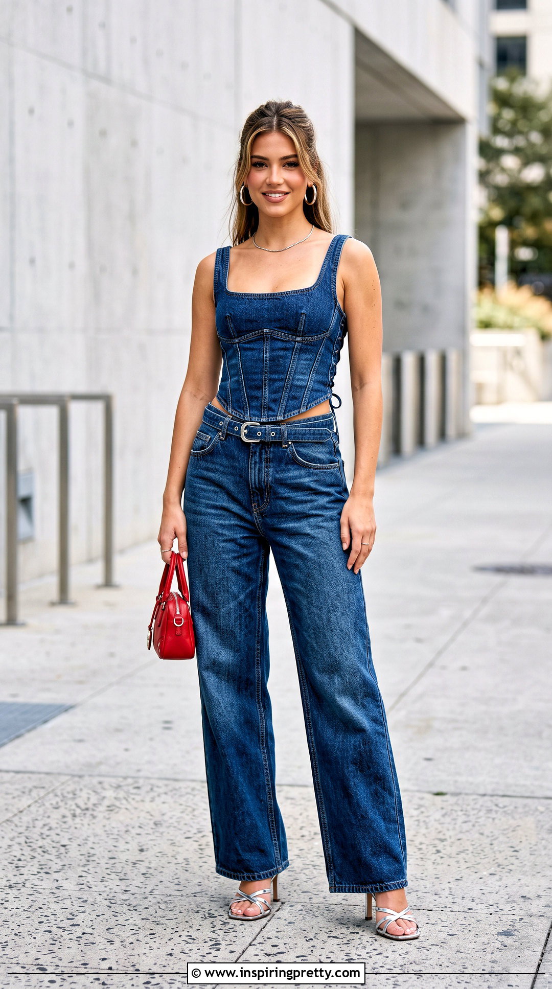 Denim Corset Top With Matching Jeans - 50 2000 tops outfit ideas