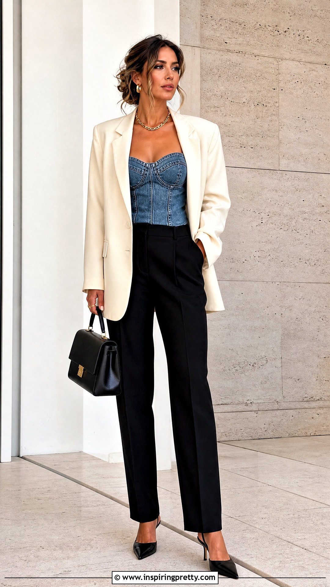 Denim Corset Top With Oversized Blazer - 50 denim corset top outfit ideas