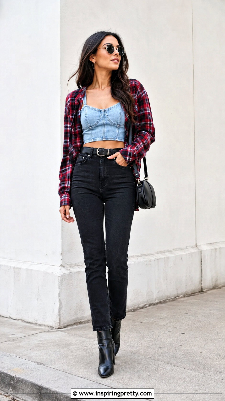 Denim Crop Top Flannel and Black Jeans - 25 crop top flannel outfits jeans