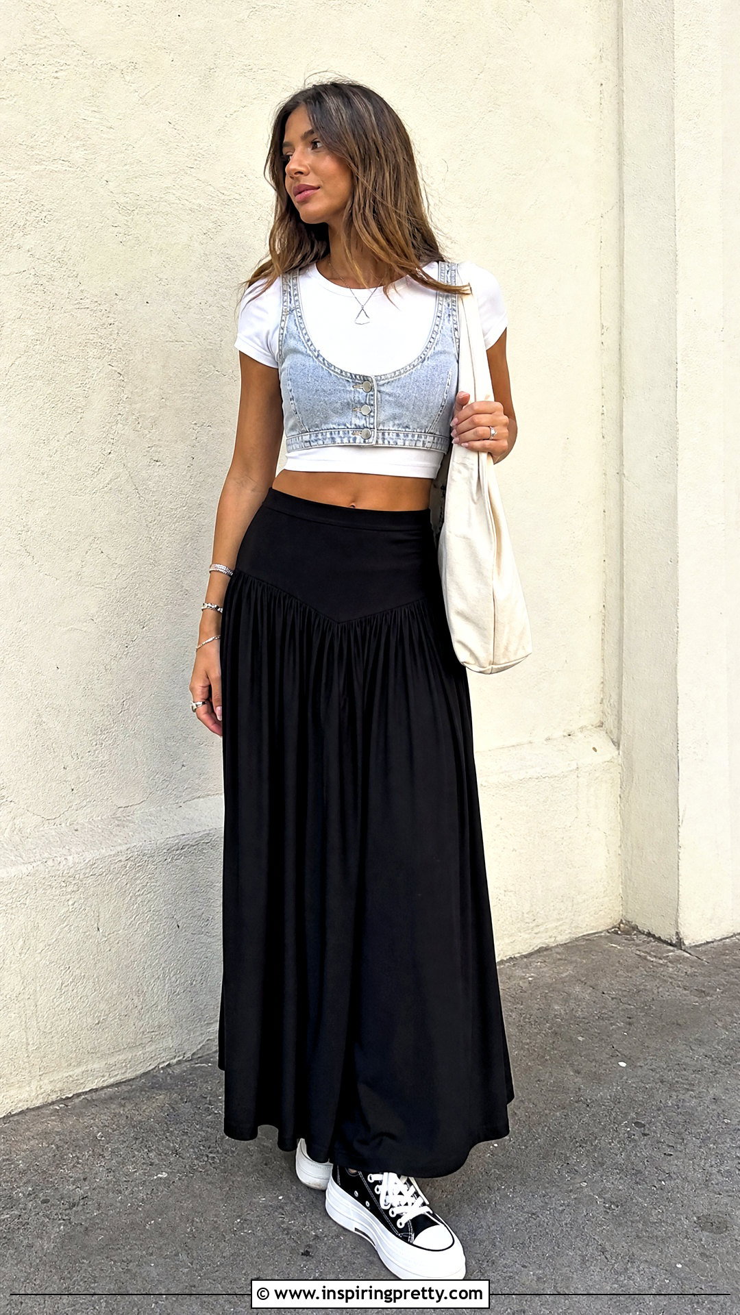 Denim Crop Top Over White Fitted T Shirt Outfit - 25 Crop Top With Top Underneath outfit ideas