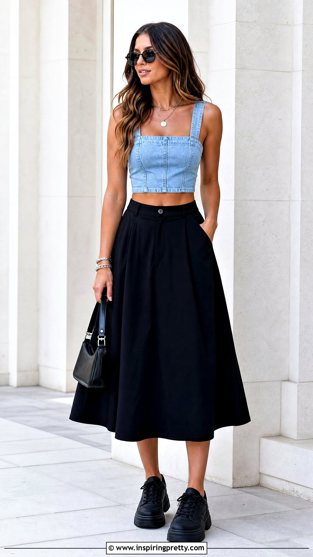 Denim Crop Top With Black Midi Skirt - 20 crop top and midi skirt outfit ideas