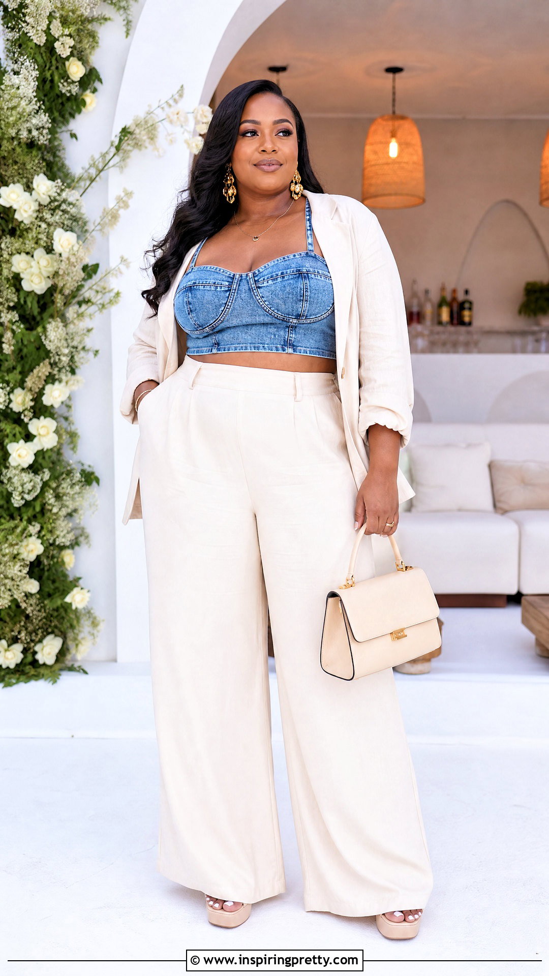 Denim Crop Top With High Waisted Palazzo Pants - 50 denim crop top outfit ideas
