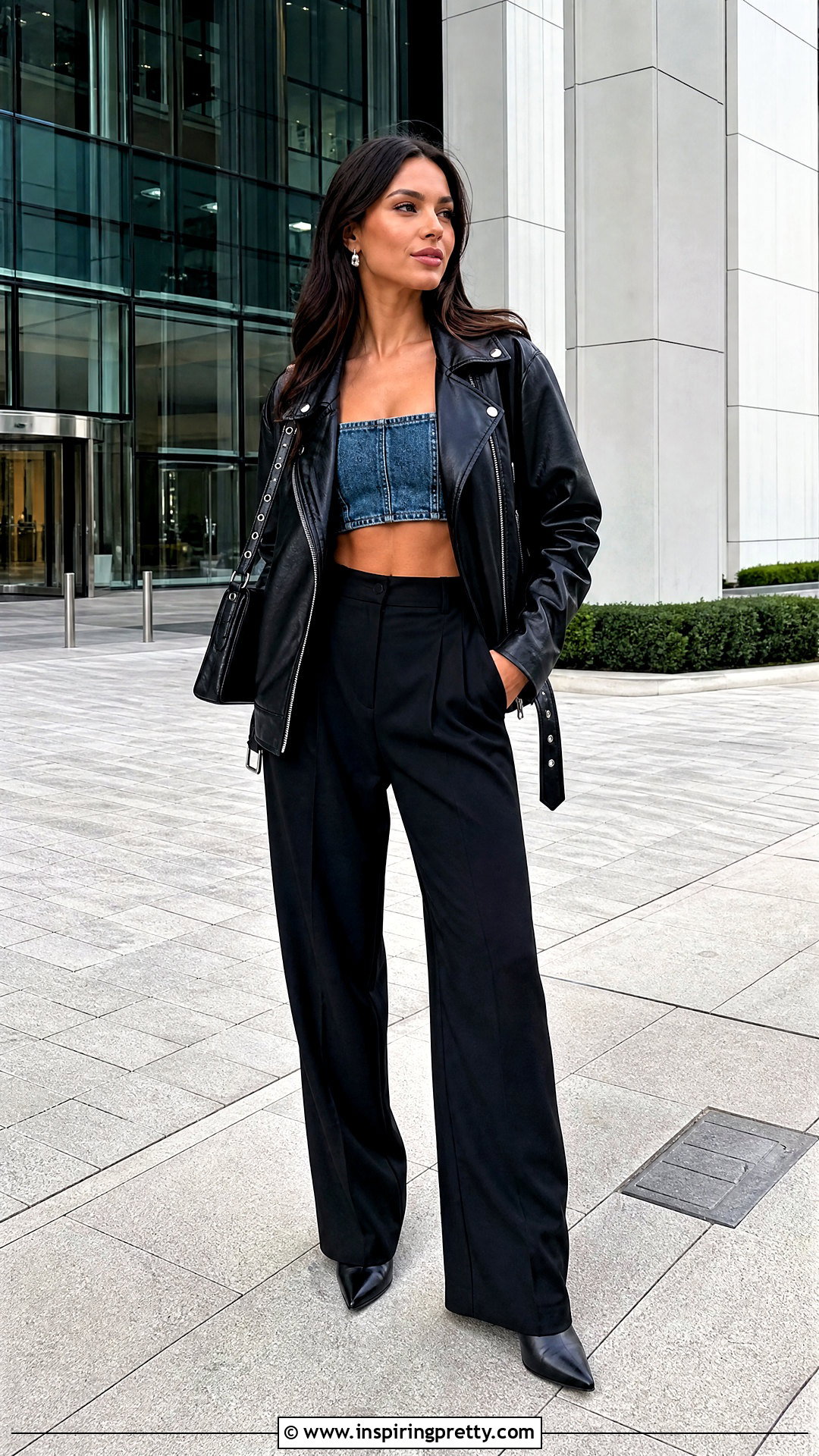 Denim Crop Top With Leather Jacket - 50 denim crop top outfit ideas