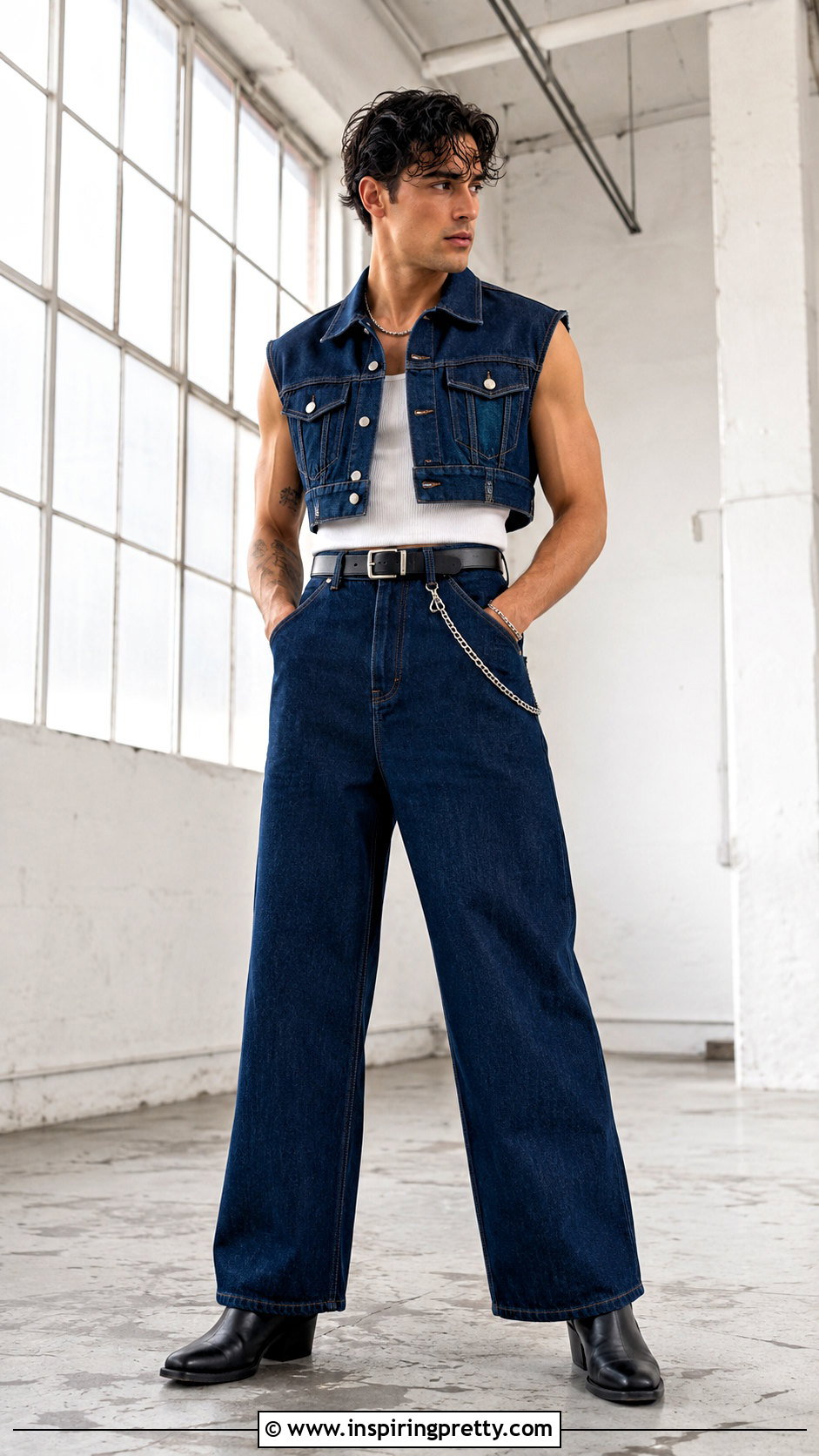 Denim Crop Top With Matching Jeans And Boots - 20 men’s crop tops outfit ideas