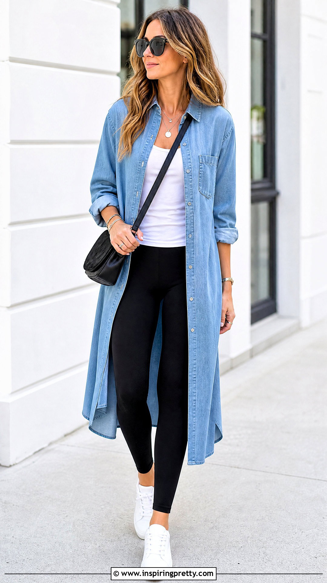 Denim Extra Long Tunic Shirt With Black Leggings - 20 extra long tunic tops outfit ideas