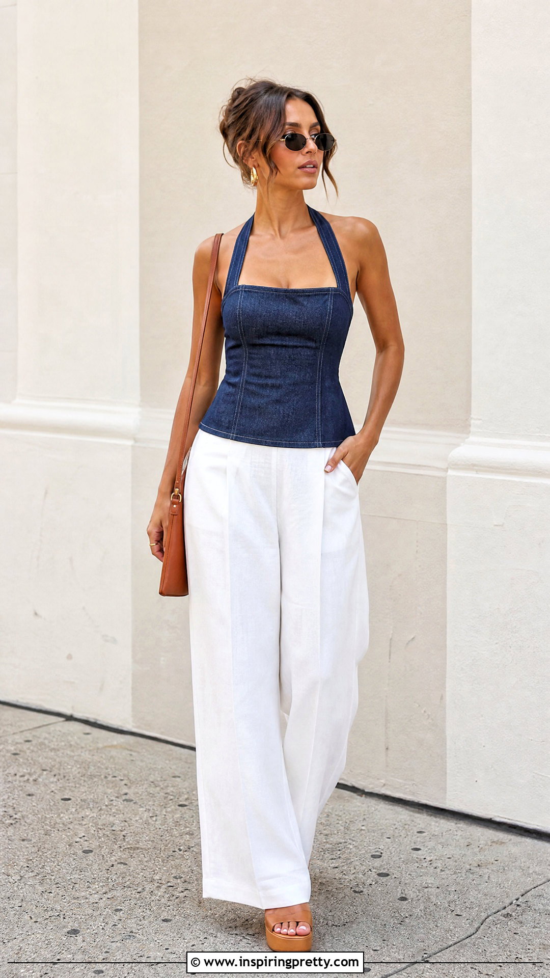 Denim Halter Neck Top With White Pants - 50 halter neck top outfit ideas