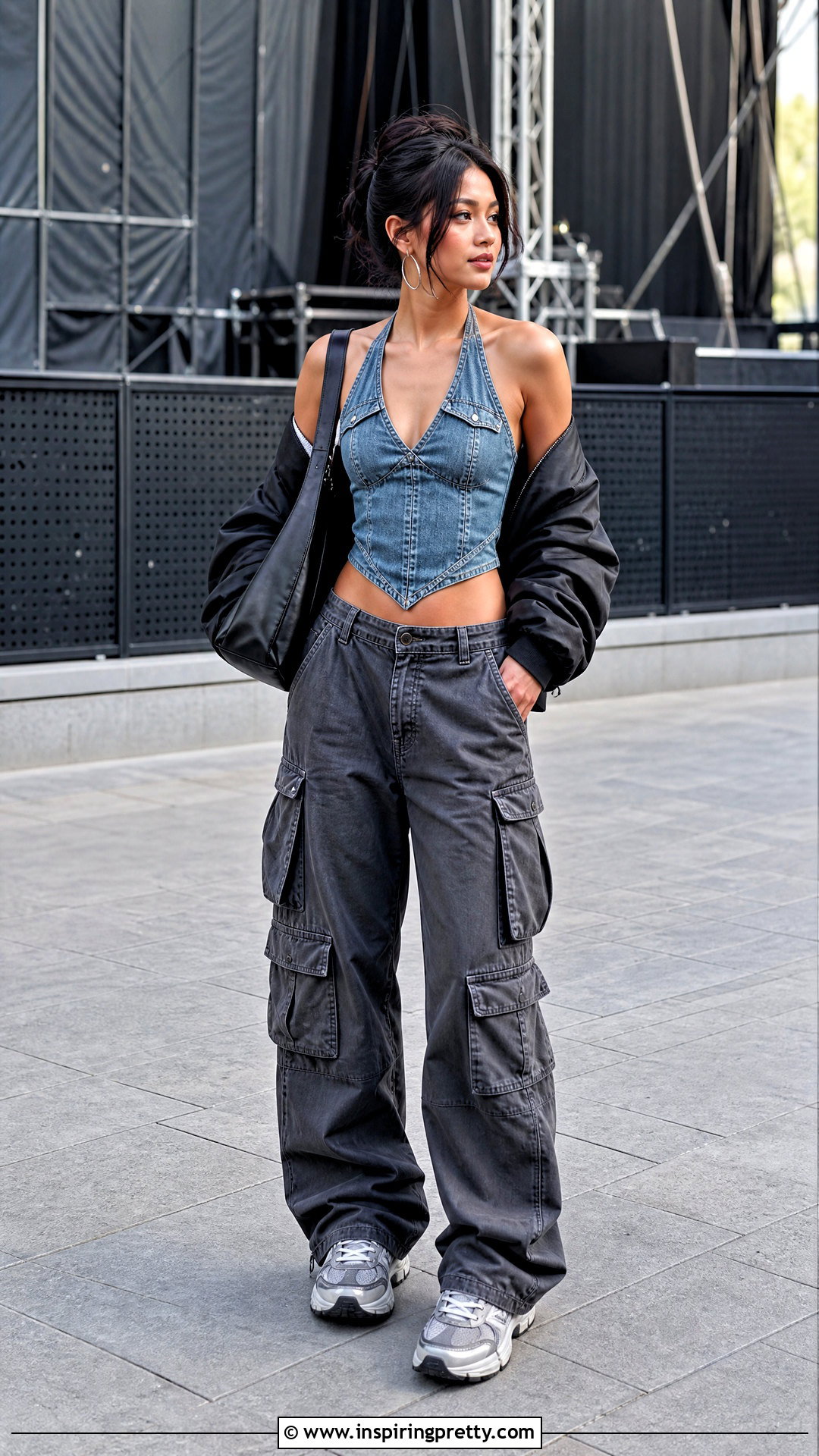Denim Halter Top With Bomber Jacket And Cargo Pants - 50 denim halter top outfit ideas