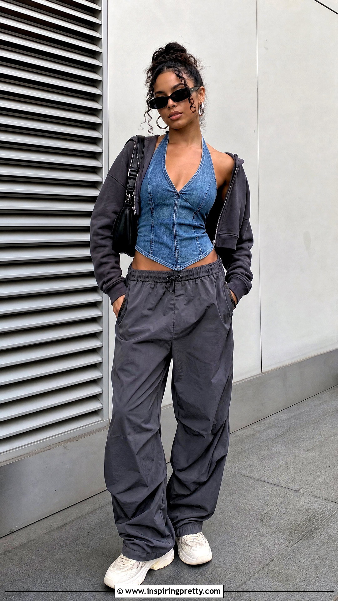 Denim Halter Top With Parachute Pants - 50 denim halter top outfit ideas