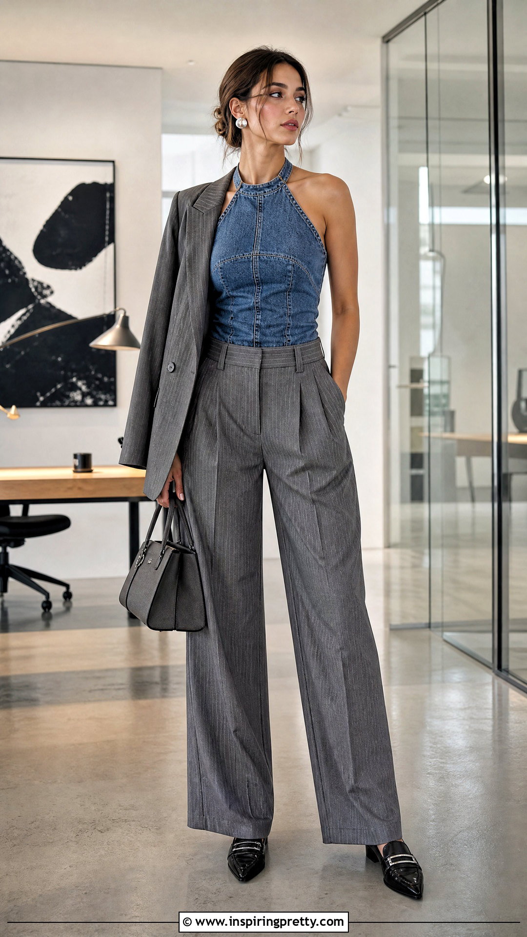 Denim Halter Top With Pinstripe Trousers - 50 denim halter top outfit ideas