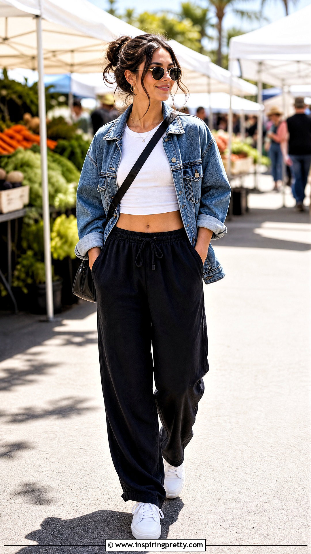 Denim Jacket With Crop Top And Baggy Pants - 50 baggy pants crop top outfit ideas