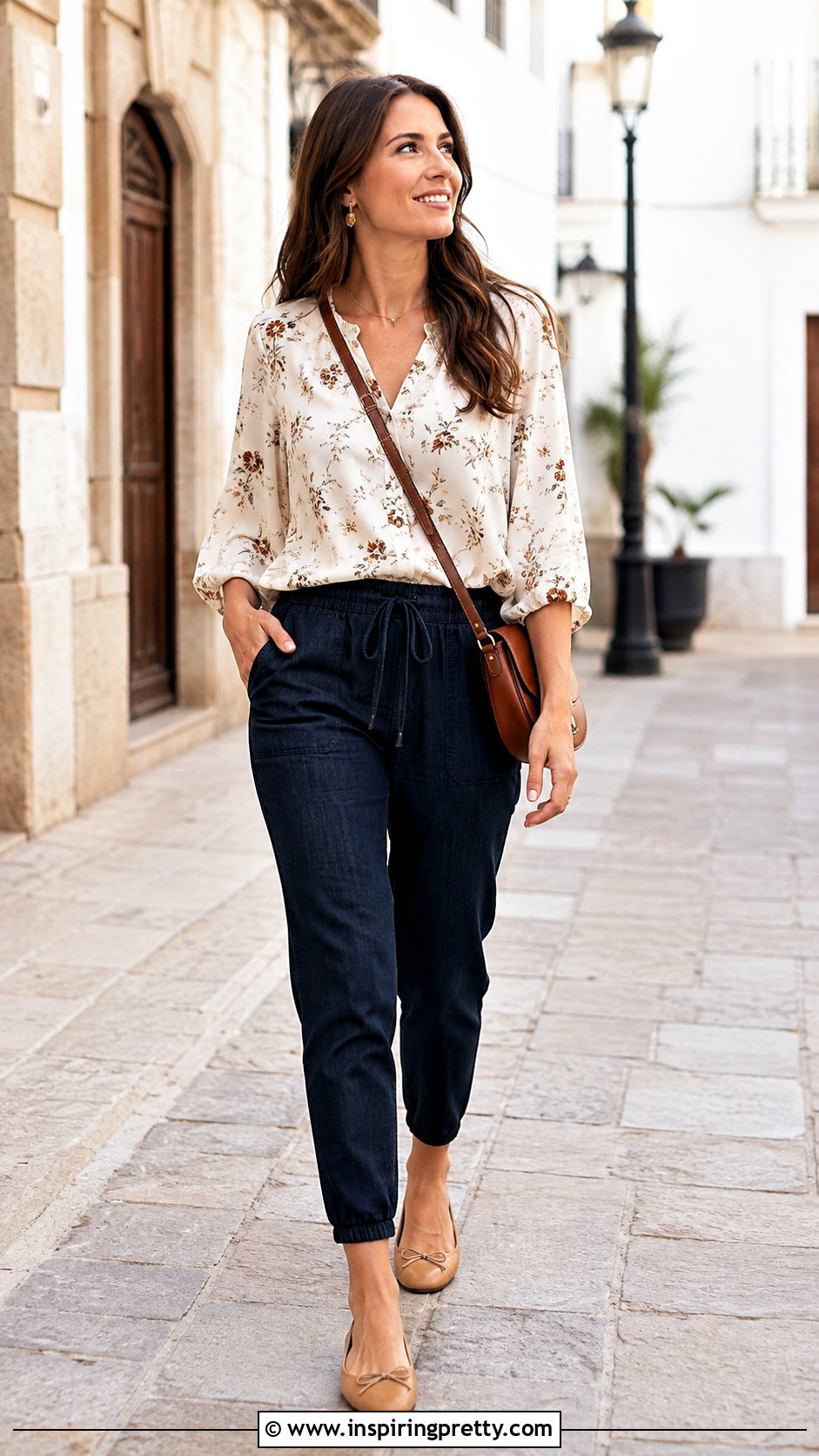 Denim Joggers With Floral Blouse - 25 joggers and a nice top outfit ideas