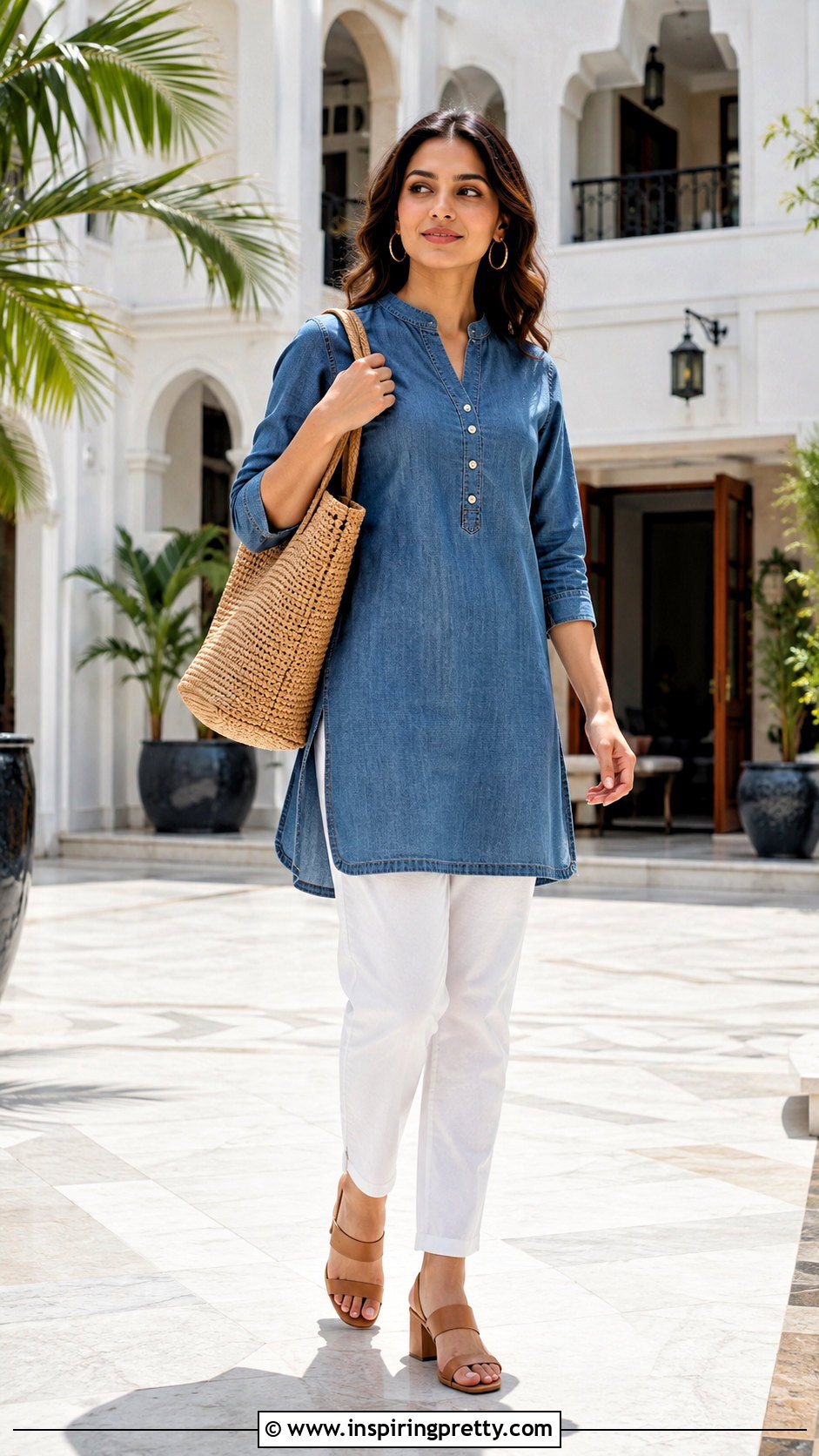 Denim Kurti With White Jeans - 50 kurti tops outfit ideas