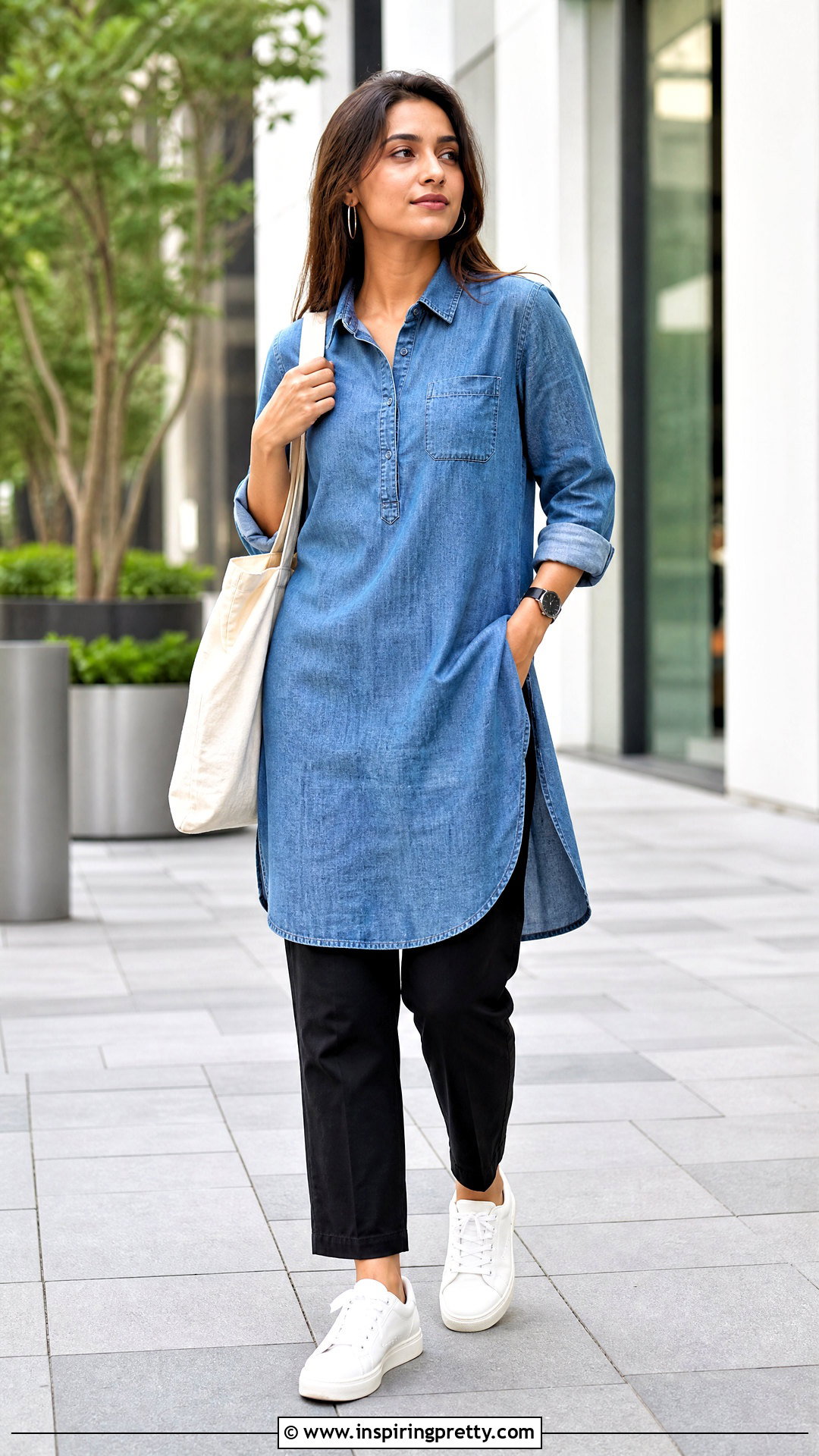 Denim Long Kurtha Top With Black Pants - 20 long kurtha tops for women