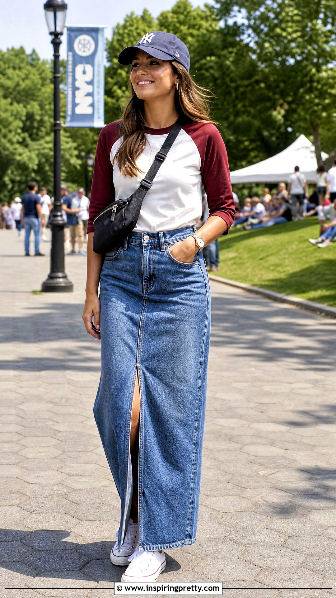 Denim Long Skirt And Baseball Tee Outfit - 50 long skirt and top casual outfits