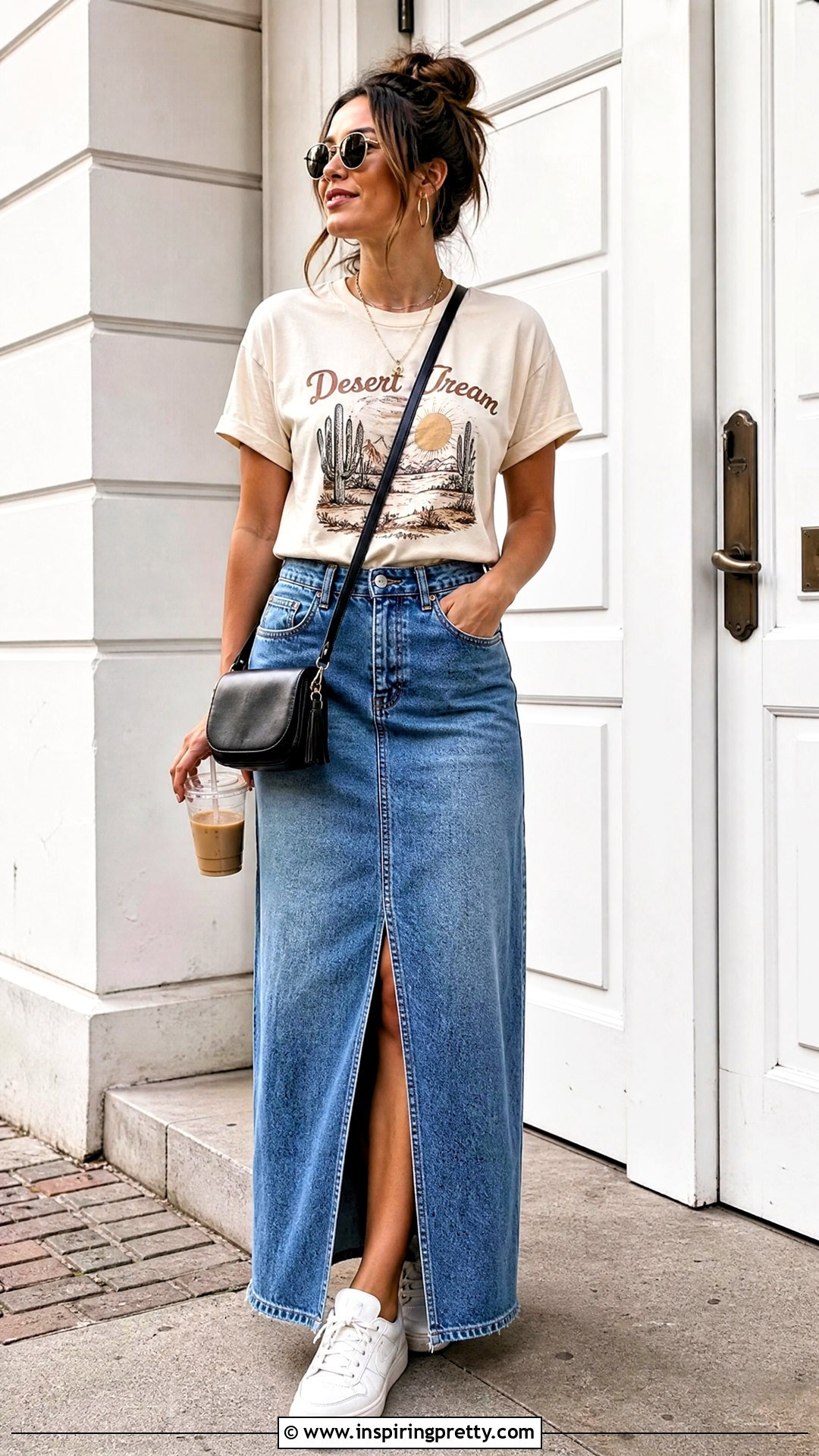 Denim Long Skirt And Graphic Tee Outfit - 50 long skirt and top casual outfits