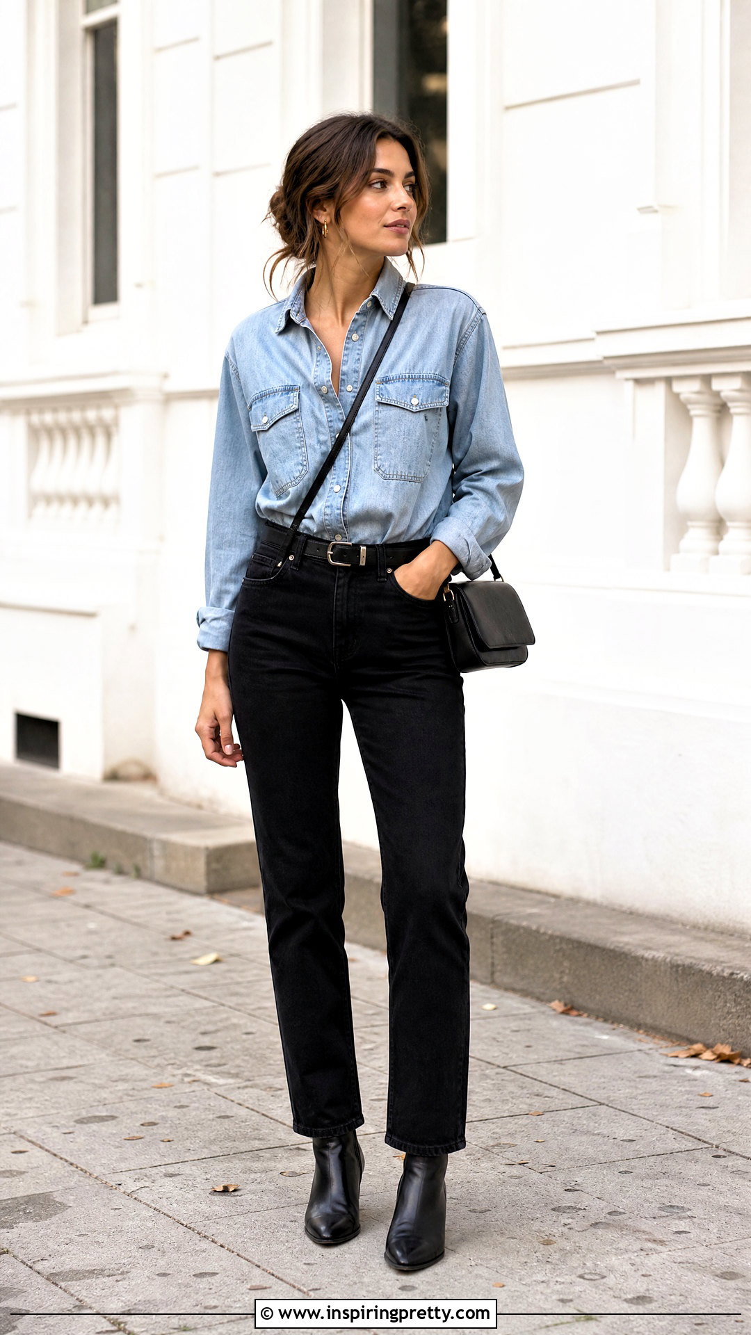 Denim Long Sleeve Shirt With Black Jeans - 50 cute long sleeve tops outfit ideas