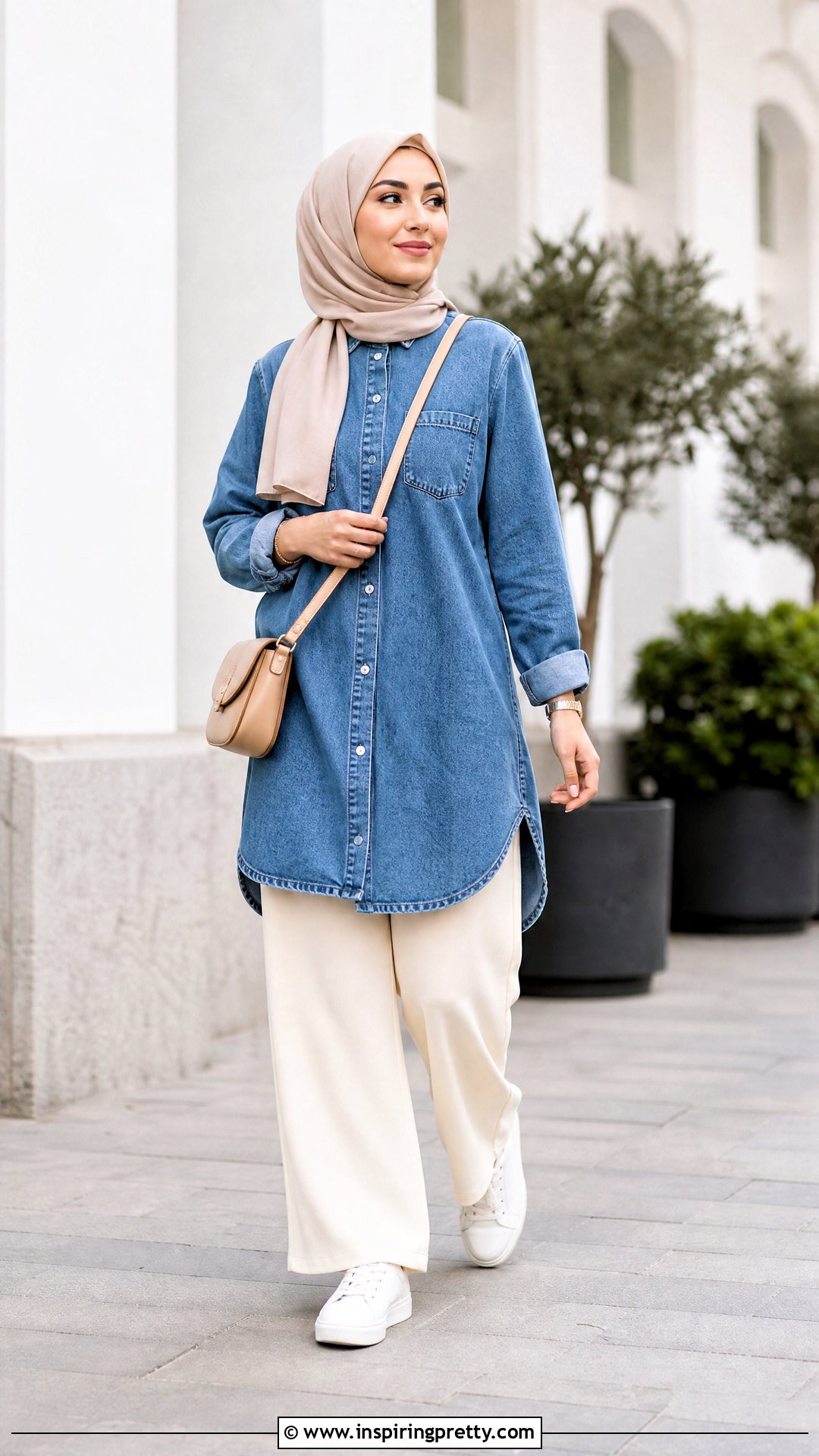 Denim Long Top With Cream Pants - 50 long tops designs for muslims