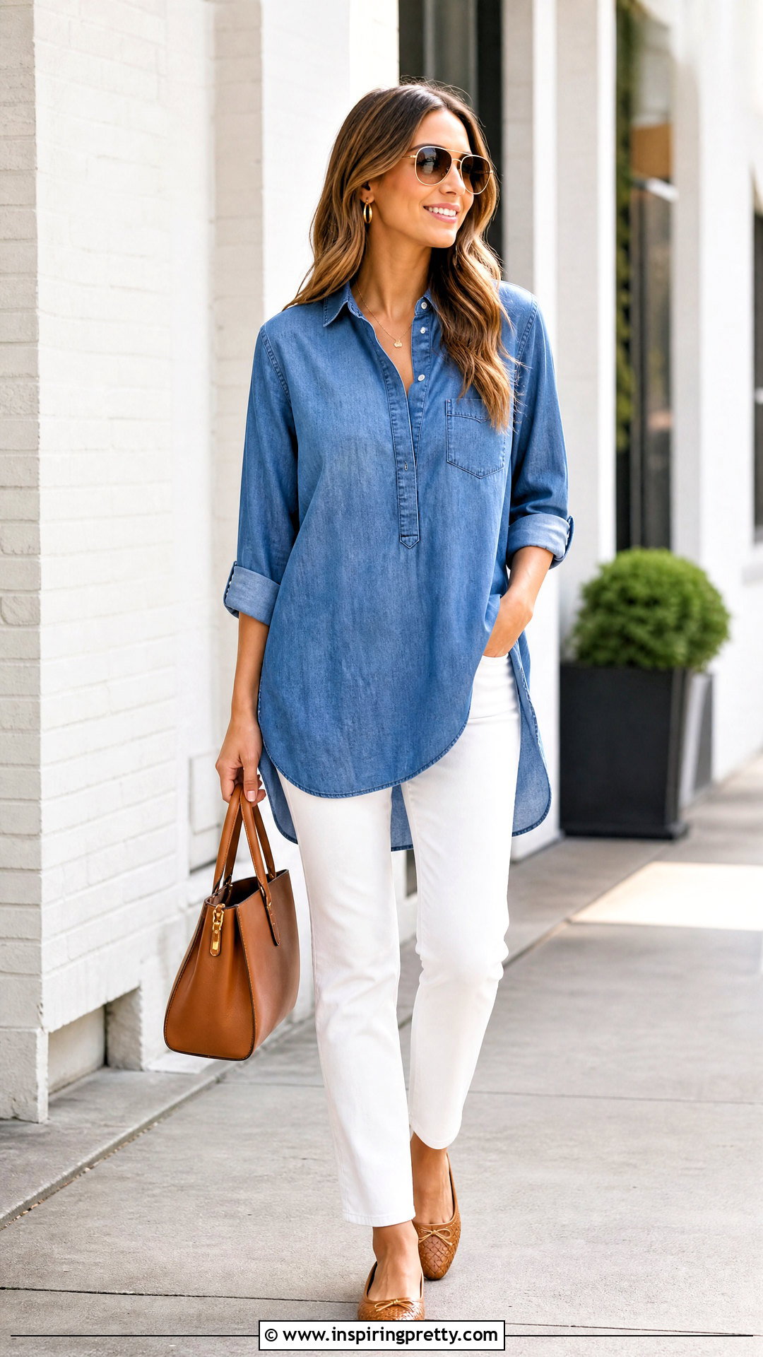 Denim Long Top With White Jeans - 50 long tops for women