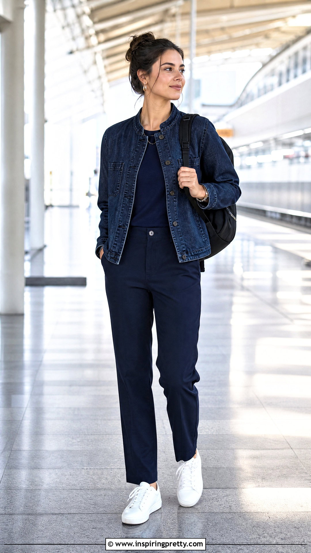 Denim Mandarin Jacket With Monochrome Basics - 50 chinese top outfit ideas