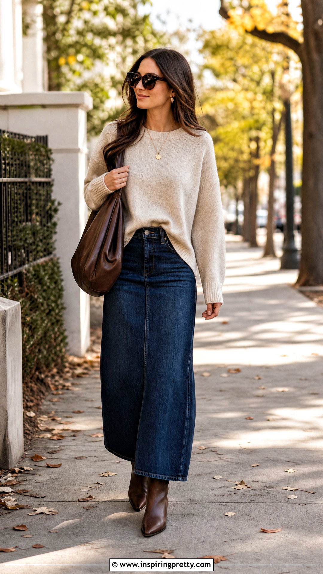 Denim Maxi Skirt And Crewneck Sweater Outfit - 50 denim skirt and top outfit ideas