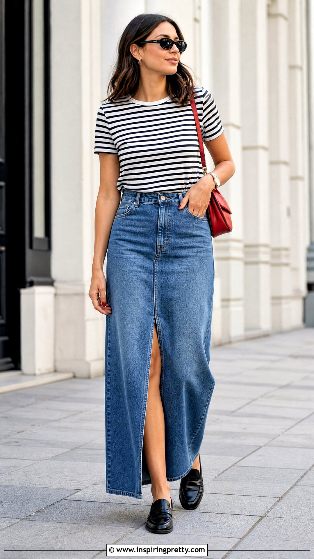 Denim Maxi Skirt And Striped T Shirt Outfit - 50 denim skirt and top outfit ideas
