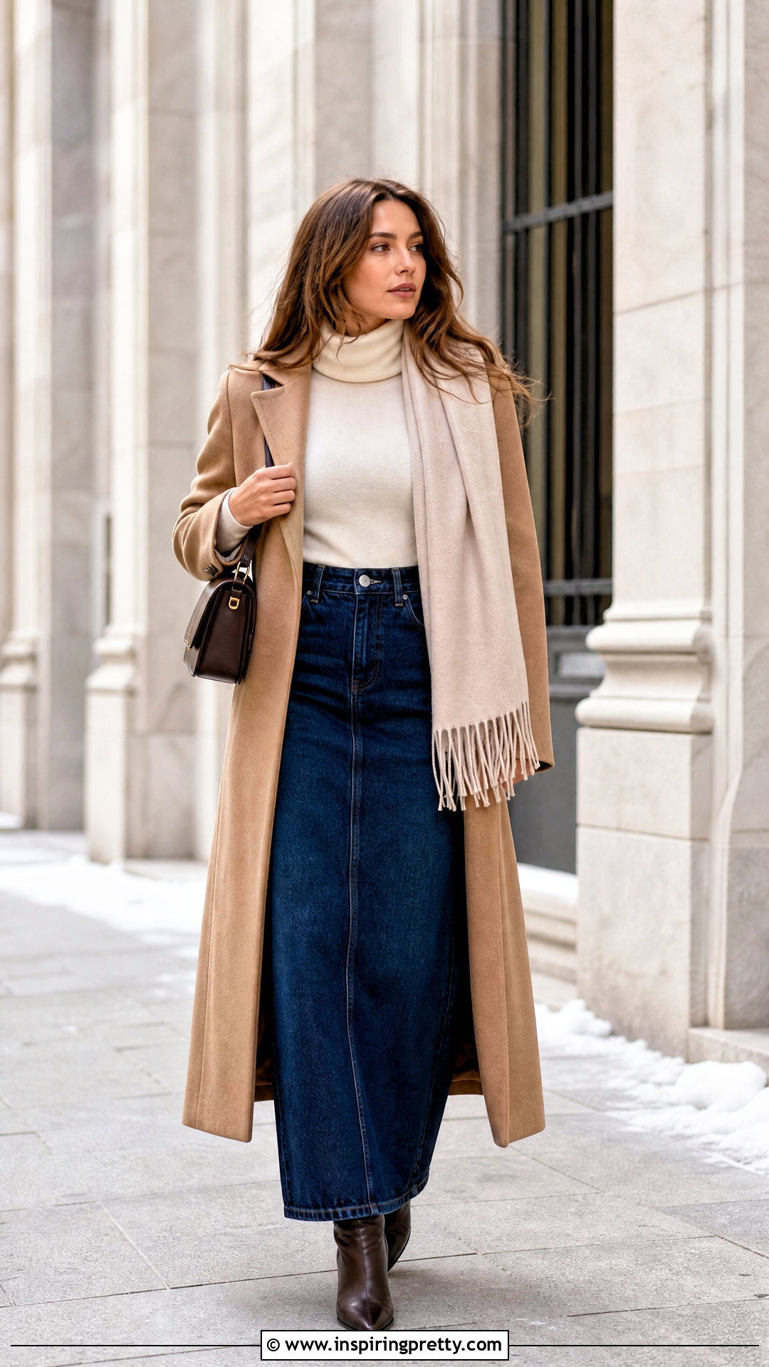 Denim Maxi Skirt And Wool Coat Outfit - 50 denim skirt and top outfit ideas