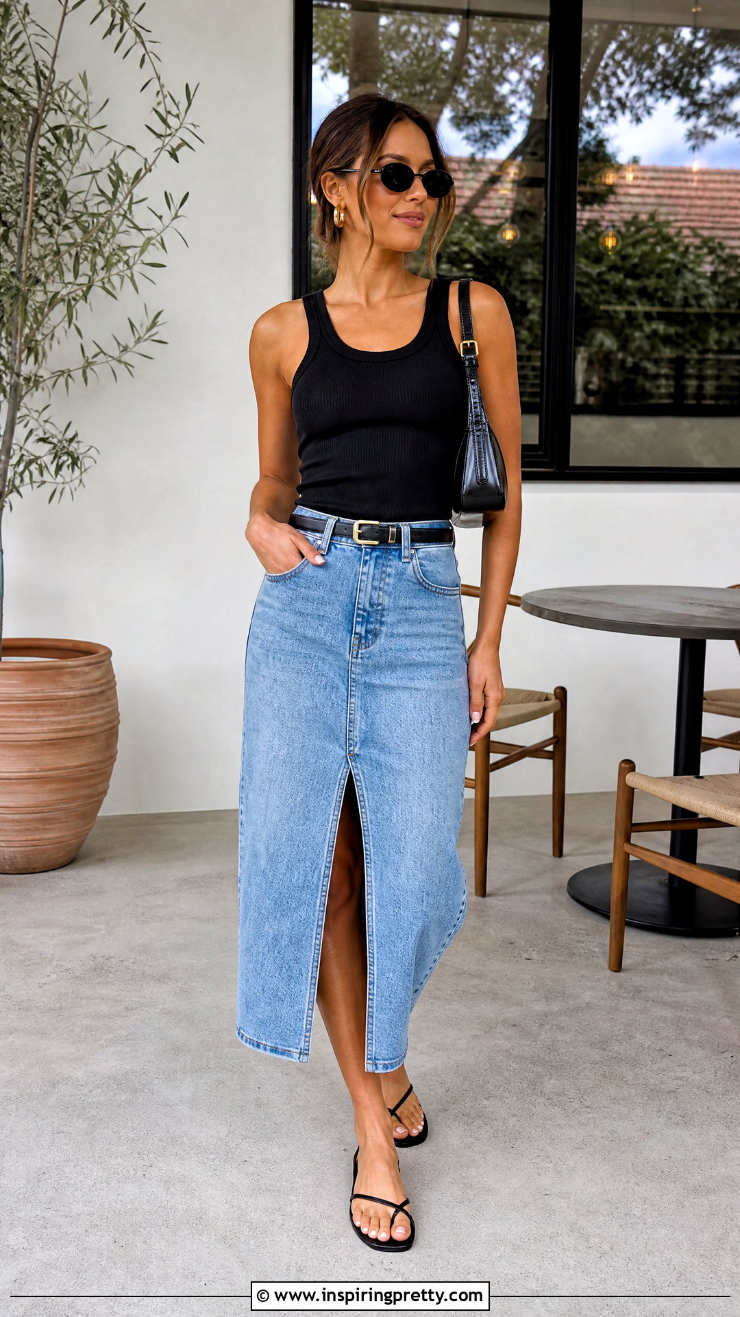 Denim Midi Skirt And Black Tank Top Outfit - 50 denim skirt and top outfit ideas