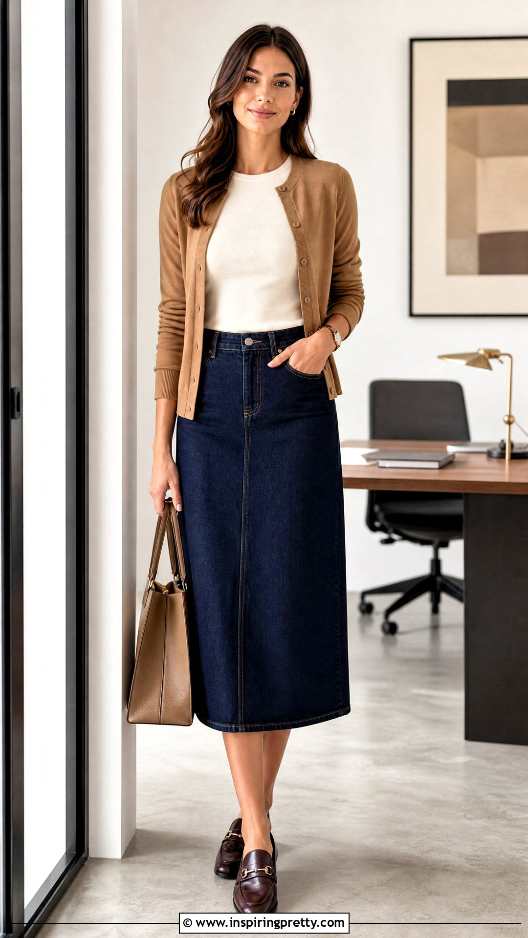 Denim Midi Skirt And Cardigan Work Outfit - 50 denim skirt and top outfit ideas