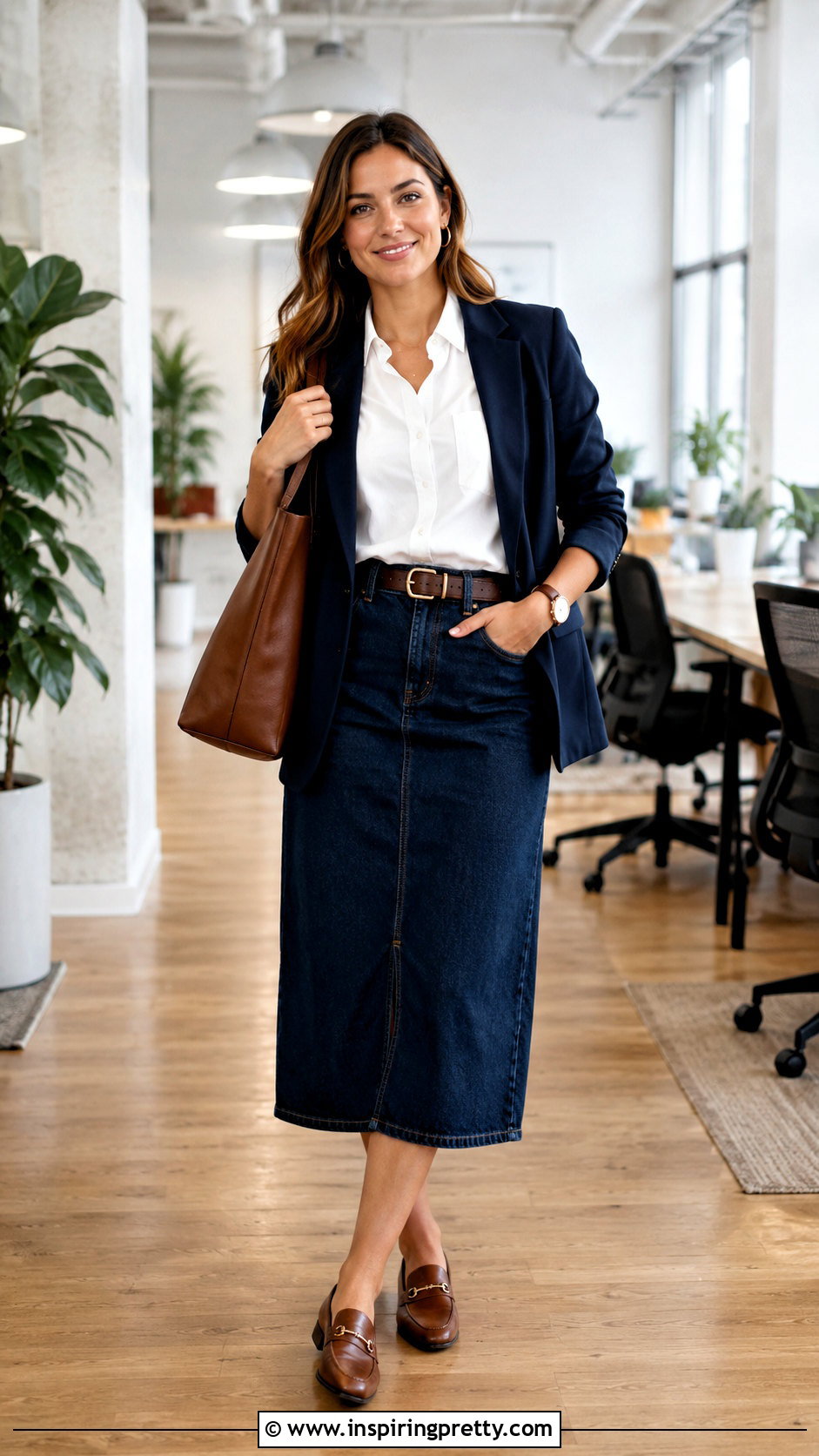 Denim Midi Skirt And Crisp White Shirt - 20 Professional Skirt And Top outfit ideas