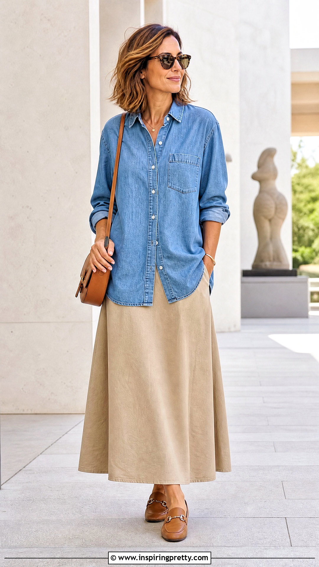 Denim Modest Shirt With Neutral Maxi Skirt - 50 modest tops for women